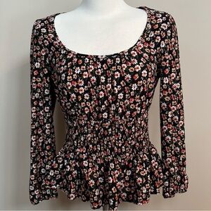 EUC Feminine Cinched Waist Black & Coral Floral M Shirt